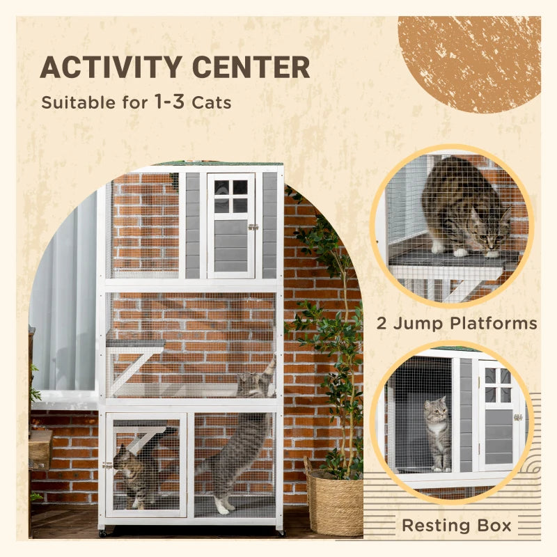 PawHut Large Outdoor Cat House for 3 Kitties, Multi-Level Design with Big Hiding Areas, Catio Outdoor Cat Enclosure with 2 Stories & Multiple Platforms, Cat Condo for Large Cats