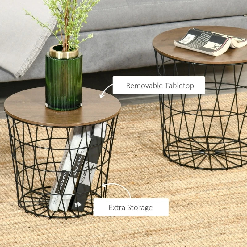 HOMCOM End Tables Set of 2, Nesting Tables with Storage, Round Accent Side Tables with Removable Top for Living Room, Bedroom, Black / Brown