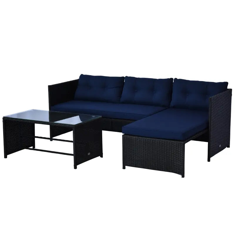 Outsunny 3 Piece Patio Furniture Set, Rattan Outdoor Sofa Set with Chaise Lounge & Loveseat, Soft Cushions, Tempered Glass Table, L-Shaped Sectional Couch, Blue