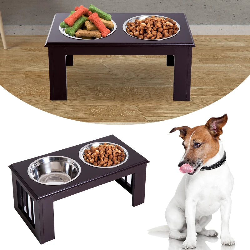 PawHut 17 Durable Wooden Dog Pet Feeding Station with 2 Included Food Bowls & A Non-Slip Base, White