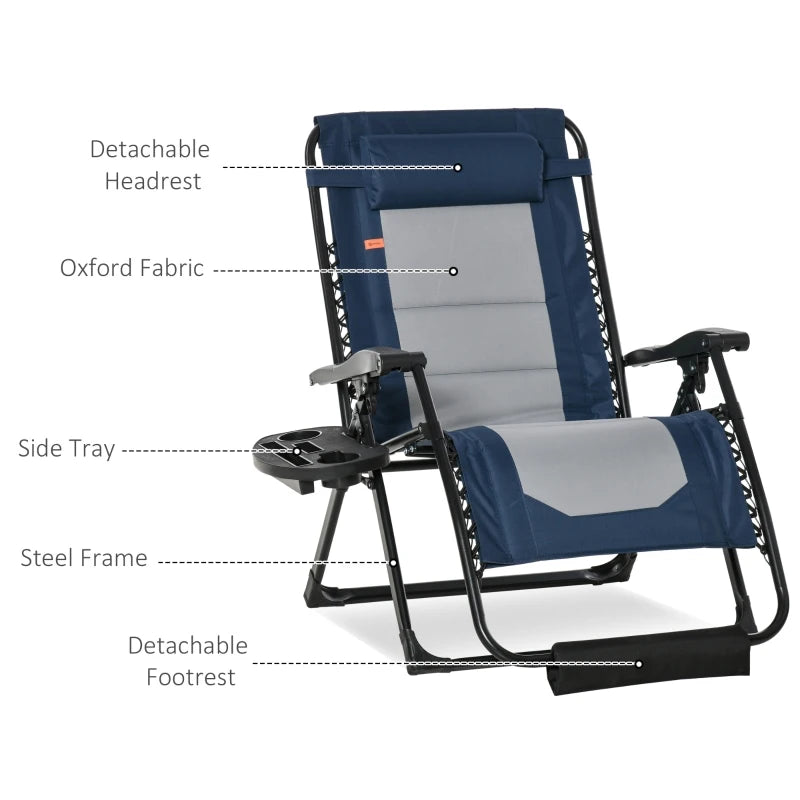 Outsunny Foldable Outdoor Lounge Chair with Footrest, Oversized Padded Zero Gravity Lounge Chair with Headrest, Side Tray, Cup Holders, Armrests for Camping, Lawn, Garden, Black