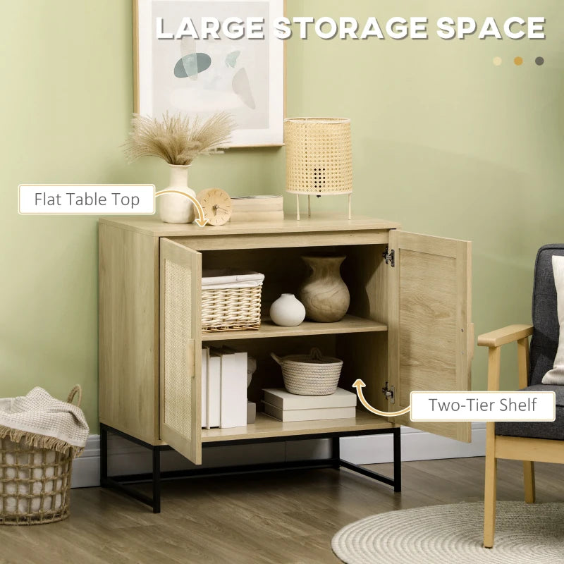 HOMCOM Sideboard Cabinet with Rattan Doors, Adjustable Shelf, Metal Base, Storage Cabinet for Living Room, Bedroom, Kitchen,