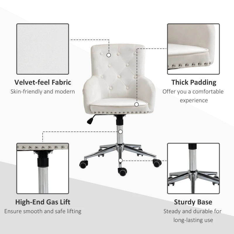HOMCOM Modern Mid-back Desk Chair with Button Tufted Velvet Back, Nailhead Trim, Swivel Home Office Chair with Adjustable Height, Curved Padded Armrests, Grey
