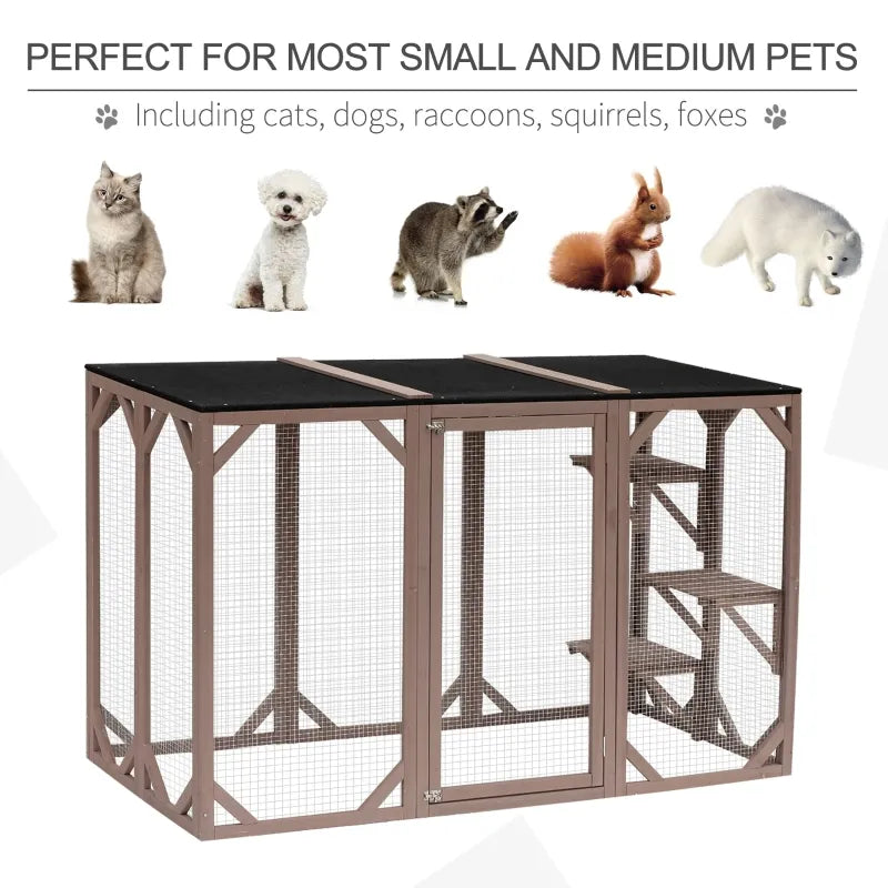 Pawhut Outdoor 3 Platforms Wooden Frame Cat Cage Pet House Small Animal Shelter Home