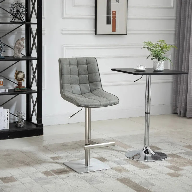 HOMCOM Vintage PU Leather Bar Stool with Stainless Steel Base, Adjustable Counter Height Bar Chair Swivel Barstool with Back, Footrest for Kitchen Counter, Grey