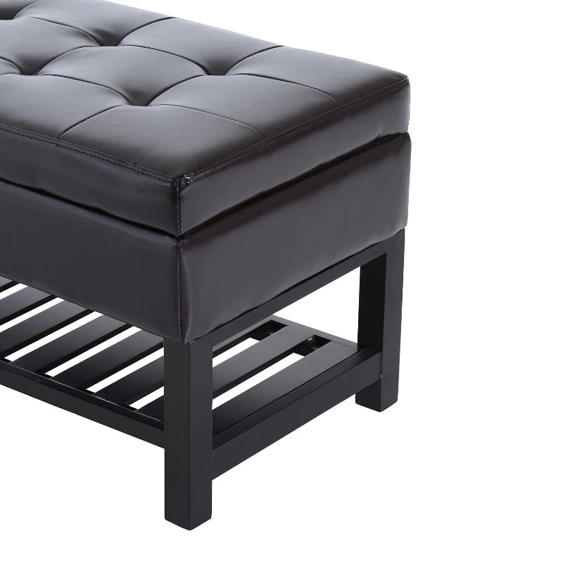 HOMCOM 44" Tufted Faux Leather Ottoman Storage Bench with Shoe Rack - Black