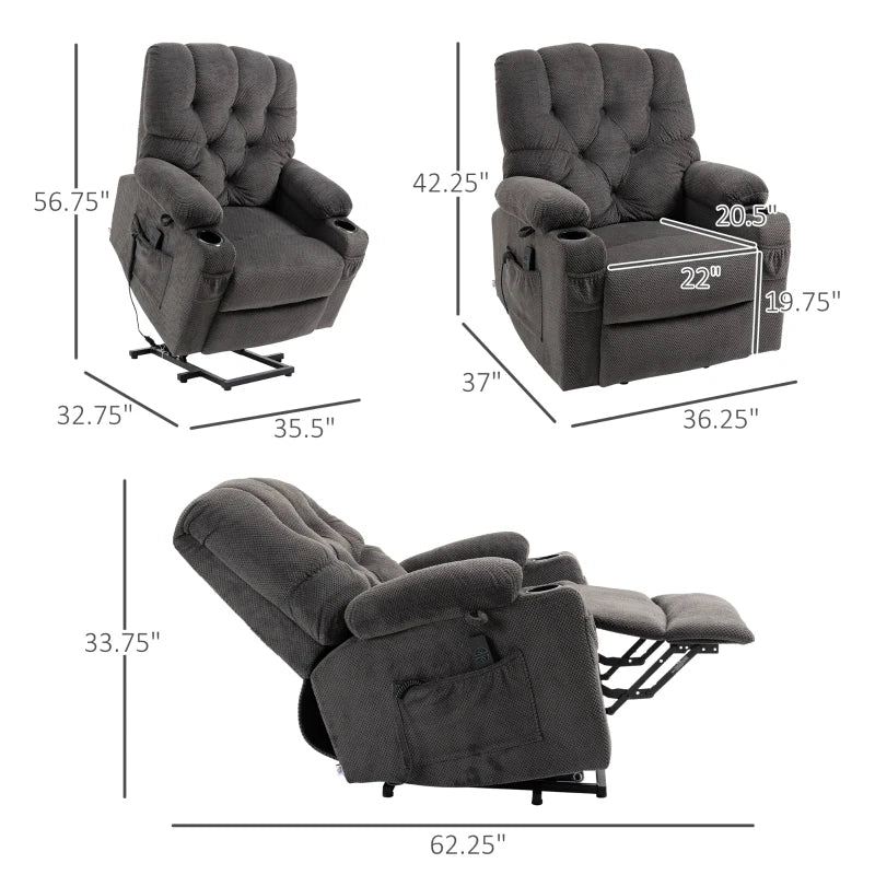 HOMCOM Power Lift Chair, Fabric Tufted Recliner Sofa Chair for Elderly with Cup Holders, Remote Control, and Side Pockets, Dark Grey