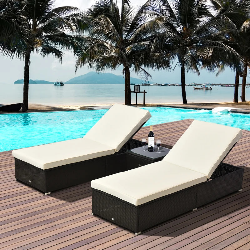 Outsunny Outdoor Lounge Chairs Set of 2 with 5-Level Angles Adjust Backrest, Thick Cushions, & Matching Table, Patio Rattan Furniture Sets for Pool Side, Balcony, Beach, Yard, Brown