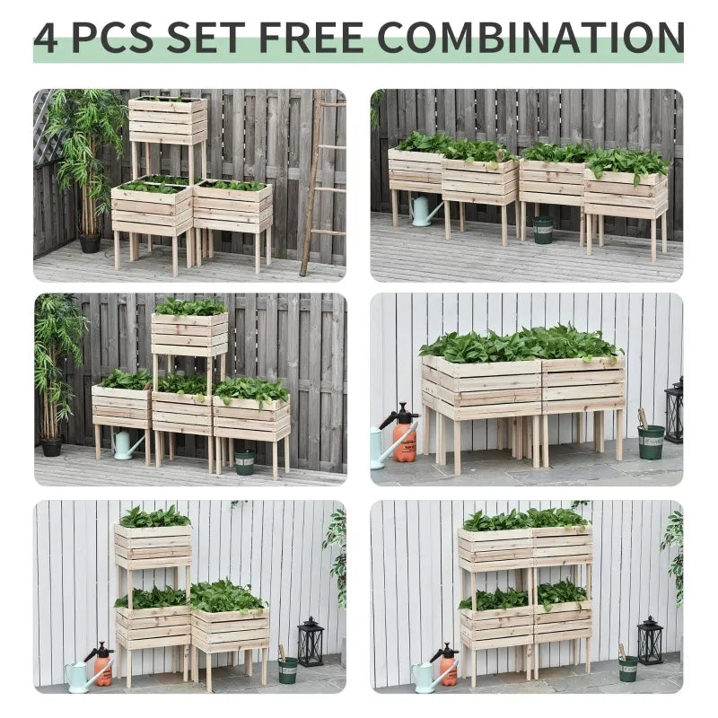 Outsunny 4PCS Wooden Raised Beds for Garden, DIY Shape Elevated Planter Box Kit with Bed Liner for Flowers Vegetables, Outdoor Indoor Planting Box Container
