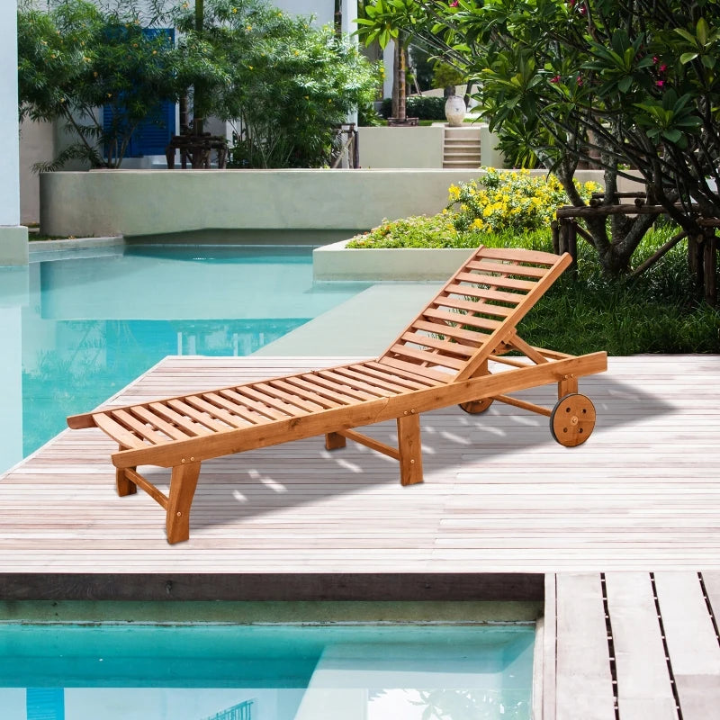 Outsunny Outdoor Folding Chaise Lounge Chair Recliner with Wheels, Acacia Wood Frame - Teak Color