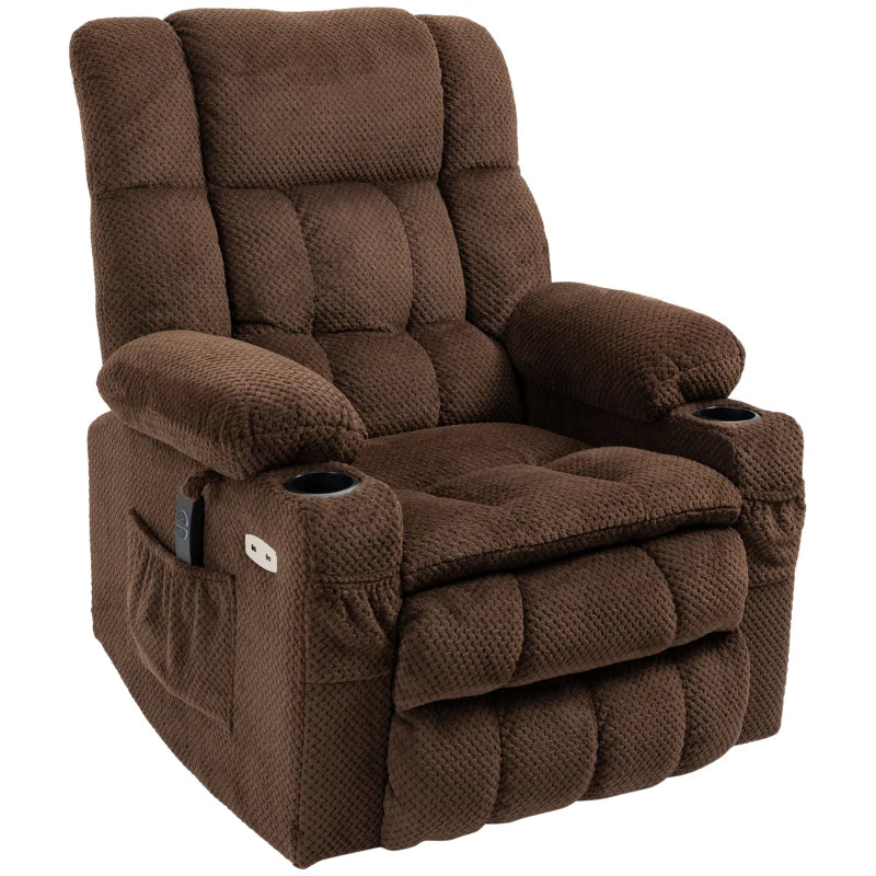 HOMCOM Power Lift Chair, Fabric Upholstered Recliner for Elderly with USB Ports, Cup Holders, Remote Control, and Side Pockets, Brown