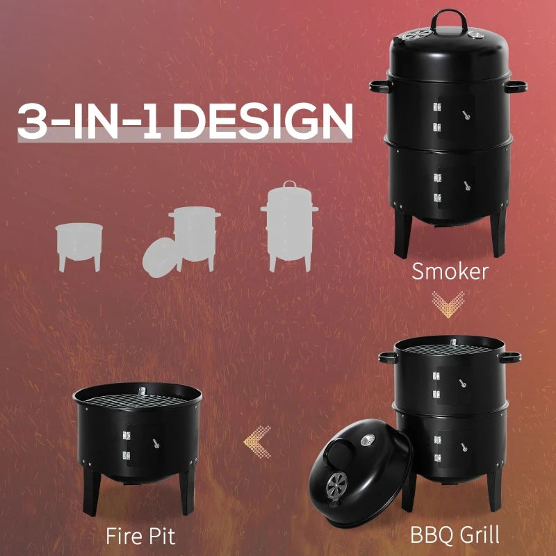 Outsunny 3-in-1 Vertical Charcoal BBQ Smoker Grill with 2 Cooking Areas and Thermometer