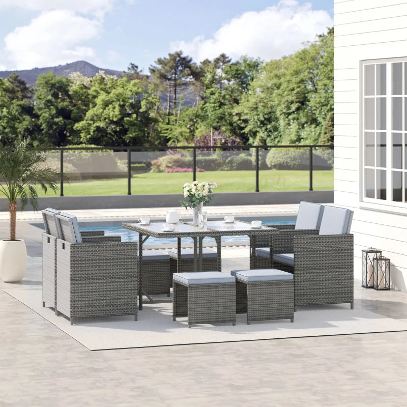 Outsunny 9 Piece Outdoor Rattan Wicker Dining Table and Chairs Furniture Set Space Saving Wicker Chairs w/ Cushions - Grey