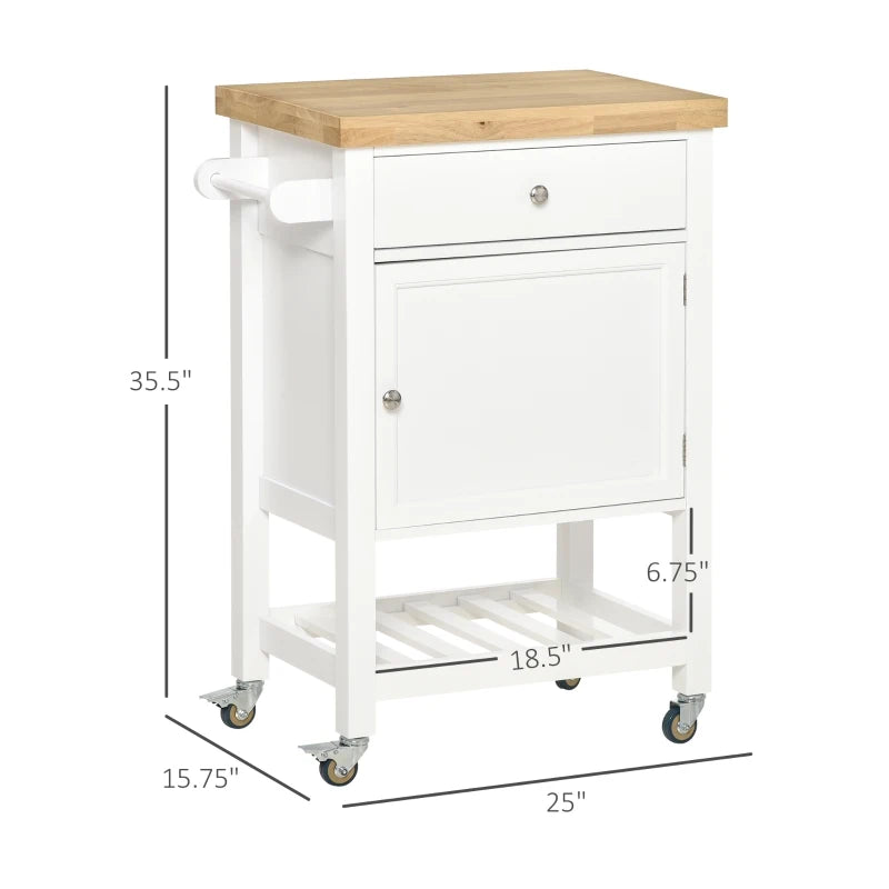 HOMCOM Utility Rolling Kitchen Island Cart w/ Storage Shelf, Wheels, Smooth Top, White
