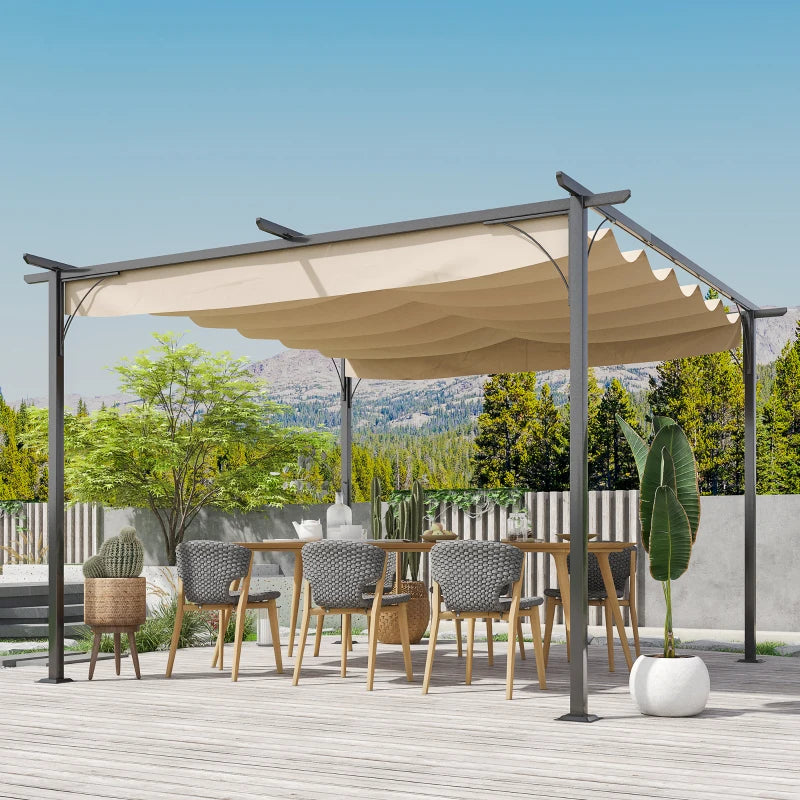 Outsunny 10' x 10' Outdoor Retractable Pergola Canopy, Metal Patio Shade Shelter for Backyard, Porch Party, Garden, Grill Gazebo, Beige