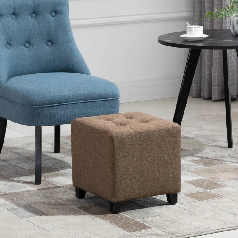HOMCOM Tufted Ottoman Linen-Touch Fabric Upholstered Footrest Stool with Anti-Slip Pads - Brown