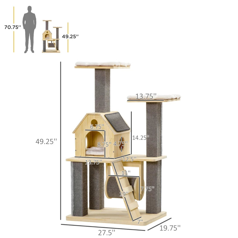 PawHut Cat Tree for Indoor Cats, Kitty Tower Cattail Weave with Cat Condo, Bed, Ladder, Washable Cushions, 22.5" x 14.5" x 39.5", Natural