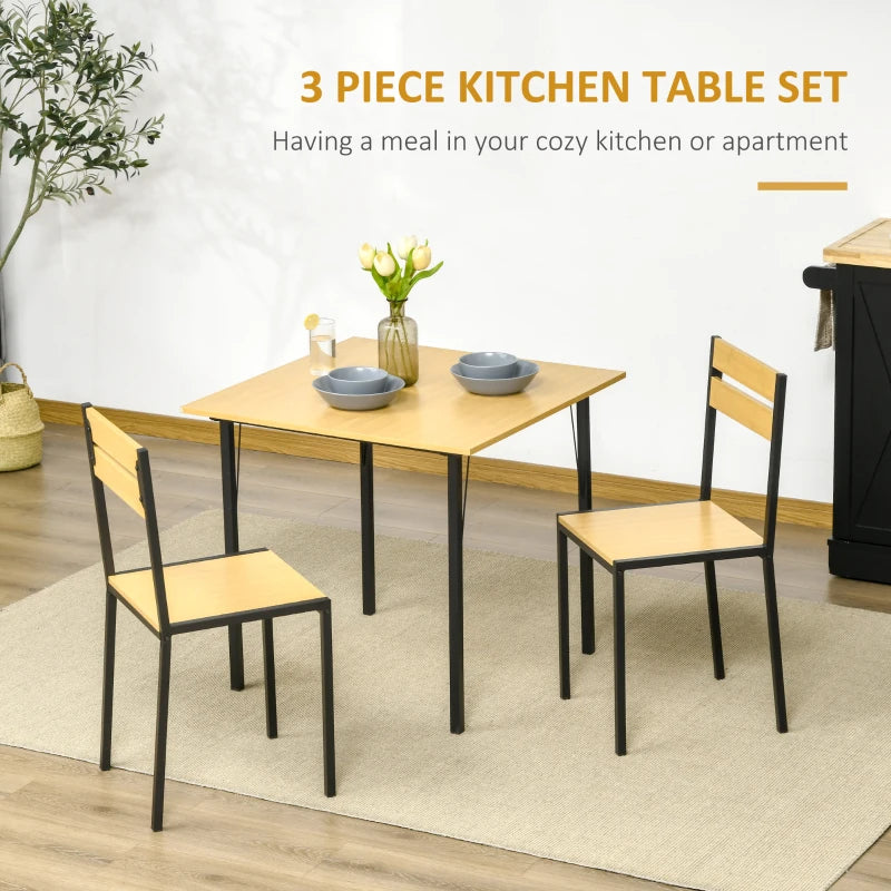 HOMCOM Industrial 3-Piece Dining Table Set, Square Kitchen Table with 2 Chairs for Dorms, Apartments, Studios, Bamboo Wood Grain