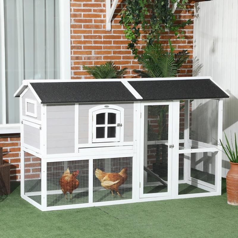 PawHut Wooden Chicken Coop with Run for 3 - 4 Chickens, Hen House with Nesting Box, Removable Tray, Outdoor Poultry Cage, 77.5" x 32.5" x 46", Light Gray