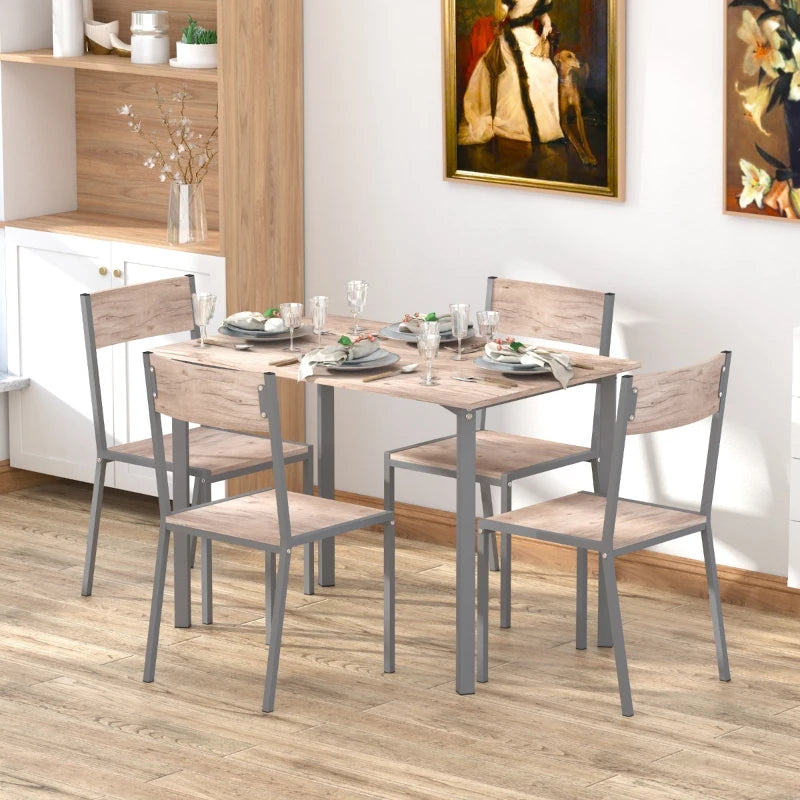 HOMCOM 5 Piece Dining Room Table Set with 4 Metal Frame Chairs for Kitchen, Dinette, Breakfast Nook, Natural Wood/Grey