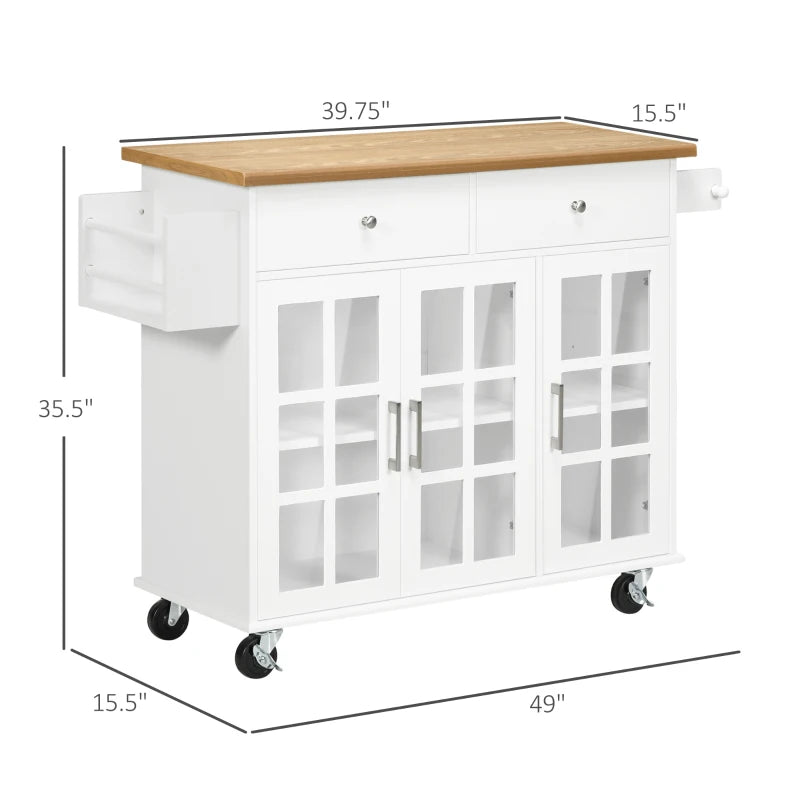 HOMCOM Kitchen Island Utility Storage Trolley Cart with Rubber Wood Top, Towel Rack, 2 Cabinets & Drawers for Dining Room, White