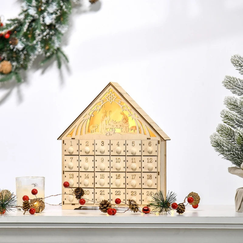 HOMCOM Christmas Advent Calendar, Wooden Countdown House Décor w/ Bible Manger Scene