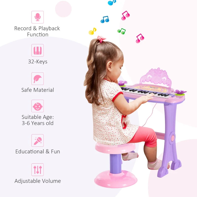 Qaba 32 Key Electronic Kids Keyboard with Stool and Microphone - Pink / Purple