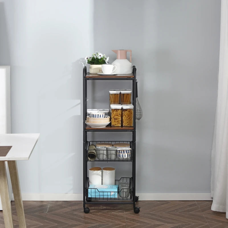 HOMCOM Kitchen Cart with Storage, 16"W Slim Rolling Cart, 4 Tier Kitchen Shelves on Wheels with Side Racks, 2 Basket for Fruit Vegetable, Utility Cart for Narrow Space, Laundry, Walnut