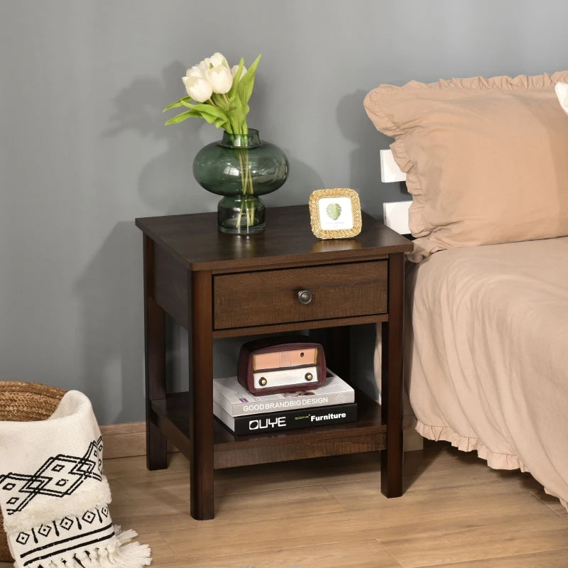 HOMCOM End Table with Drawer, Side Table with Top and Bottom Shelf for Small Spaces, Dark Brown