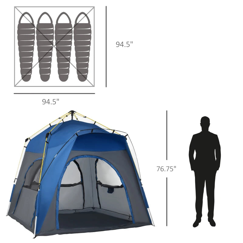 Outsunny Camping Tents 4 Person Pop Up Tent Quick Setup Automatic Hydraulic Family Travel Tent w/ Windows, Doors Carry Bag Included