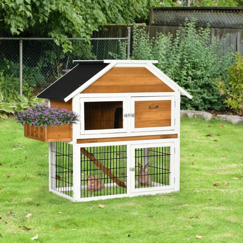 PawHut 48" Wooden Rabbit Hutch Bunny Cage with Waterproof Asphalt Roof, Fun Outdoor Run, Removable Tray and Ramp, Brown