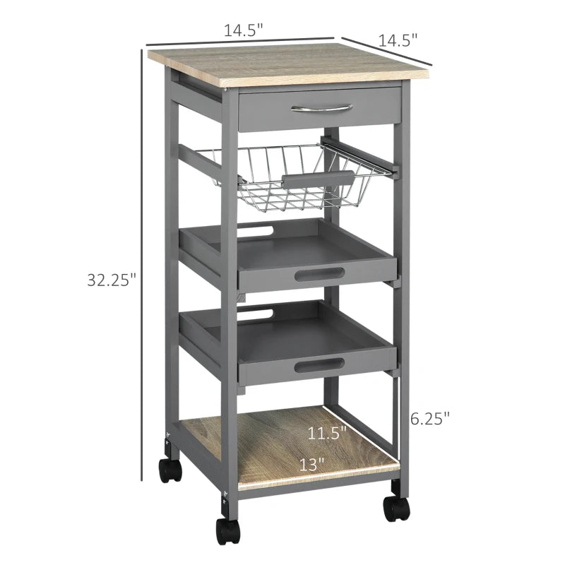 HOMCOM Mobile Rolling Kitchen Island Trolley Serving Cart with Underneath Drawer & Slide-Out Wire Storage Basket, Grey
