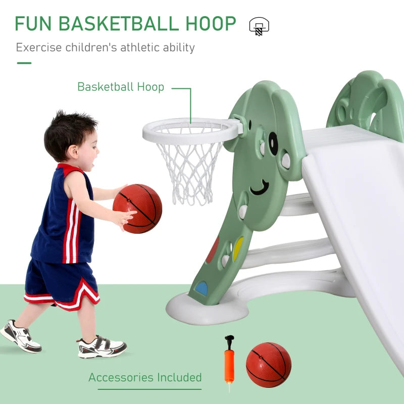 Qaba Indoor/Outdoor Kids Toy Slide with a Safety Triangle Design, Texturized Steps, & Side Basketball Hoop - Green