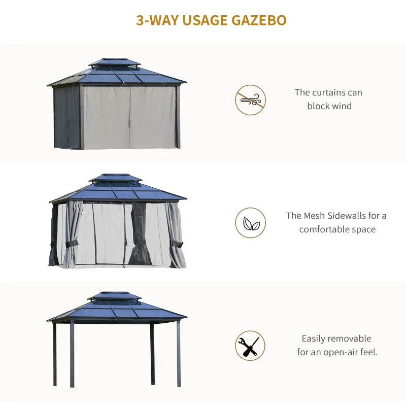 Outsunny 10' x 12' Hardtop Gazebo Canopy with Polycarbonate Double Roof, Aluminum Frame, Permanent Pavilion Outdoor Gazebo with Netting and Curtains for Patio, Garden, Backyard, Deck, Lawn, Black