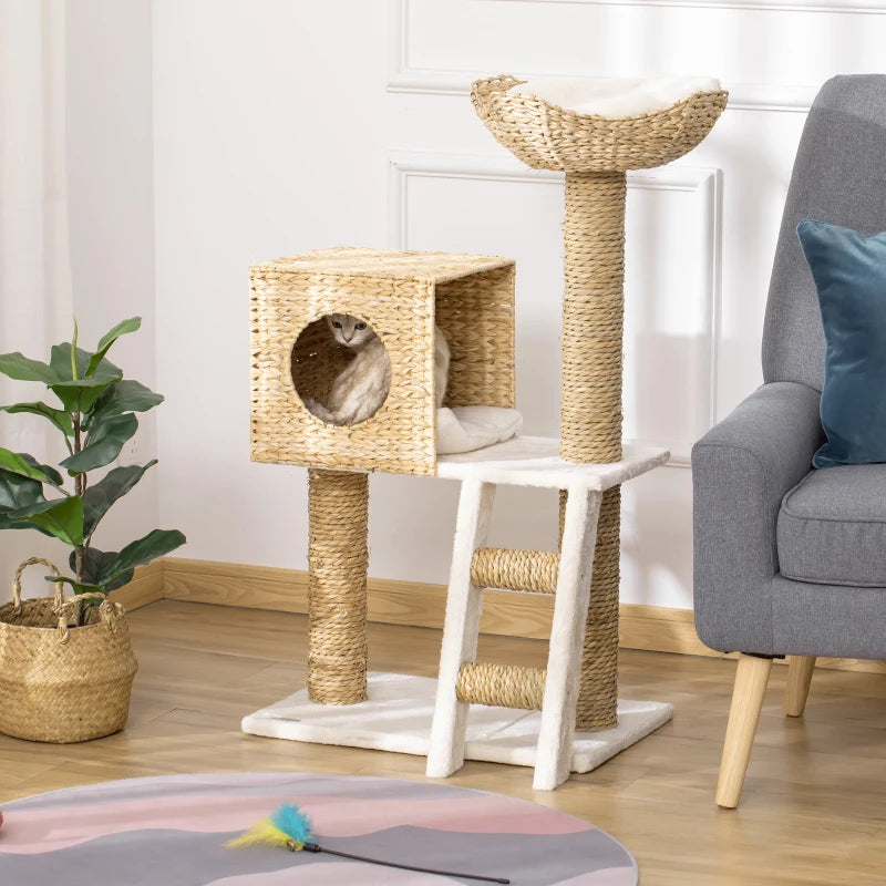 PawHut Cat Tree for Indoor Cats, Kitty Tower Cattail Weave with Cat Condo, Bed, Ladder, Washable Cushions, 22.5" x 14.5" x 39.5", Natural