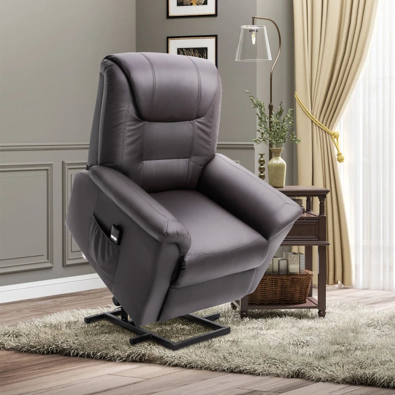 HOMCOM Electric Power Lift Chair, PU Leather Recliner Chair for Elderly with Remote Control and Side Pockets, Brown