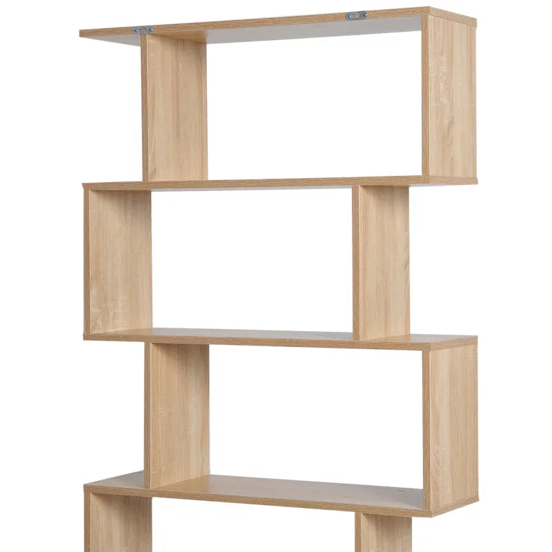 HOMCOM 75.5" H Bookcase 6 Shelf S-Shaped Bookshelf Wooden Storage Display Stand Shelf Organizer Free Standing, Oak