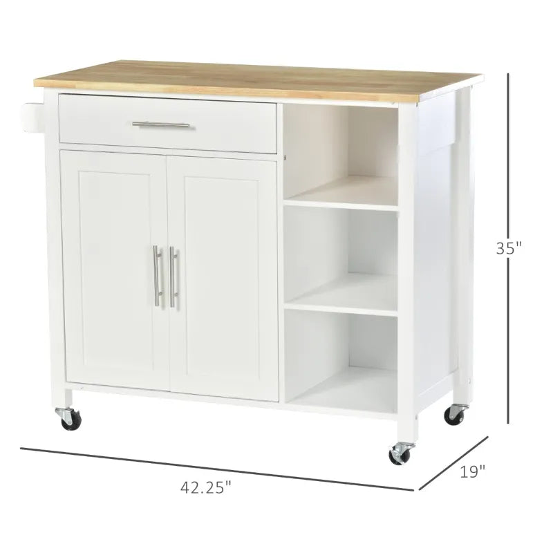 HOMCOM Wooden Rolling Kitchen Island on 360° Swivel Wheels Dining Cart with Drawer for Kitchen, White