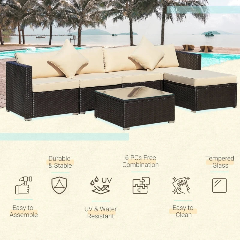 Outsunny 6 Pieces Patio Furniture Sets Outdoor Wicker Conversation Sets All Weather PE Rattan Sectional sofa set with Ottoman, Cushions & Tempered Glass Desktop, Grey