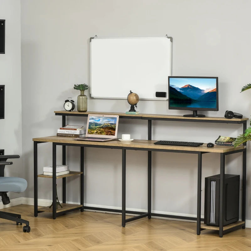 HOMCOM 83'' Two Person Desk w/ Storage Shelves, Computer Office Double Desk, Writing Table - Natural