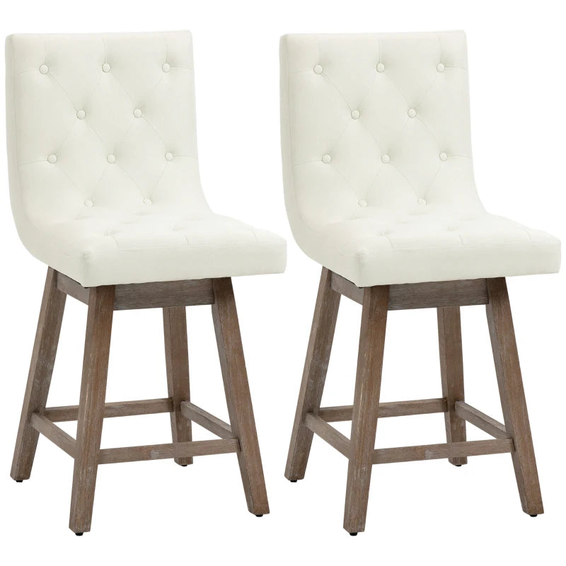 HOMCOM Bar Stools, Set of 2, Swivel Bar Chairs, 25.5" High Fabric Tufted Breakfast Barstools, Cream White