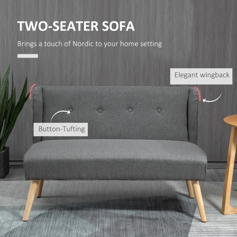 HOMCOM Wingback Double Sofa Linen Fabric Upholstery Button Tufted Loveseat Armless Couch Modern Contemporary Living Room Settee with Wood Legs, Grey