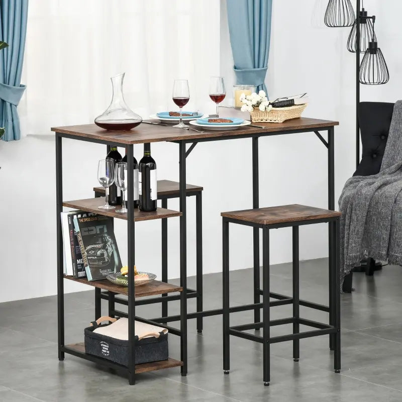 HOMCOM Industrial 3 Piece Dining Table Set, Counter Height Bar Table and Chairs Set, Kitchen Bistro Table Set with Storage Shelf and Stools, Rustic Brown