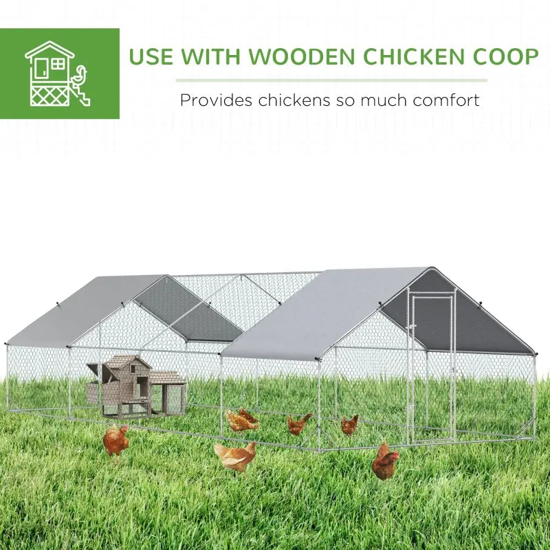 PawHut Galvanized Large Metal Chicken Coop Cage Walk-in Enclosure Poultry Hen Run House Playpen Rabbit Hutch with Cover for Outdoor Backyard 9.2' x 24.9' x 6.5' Silver