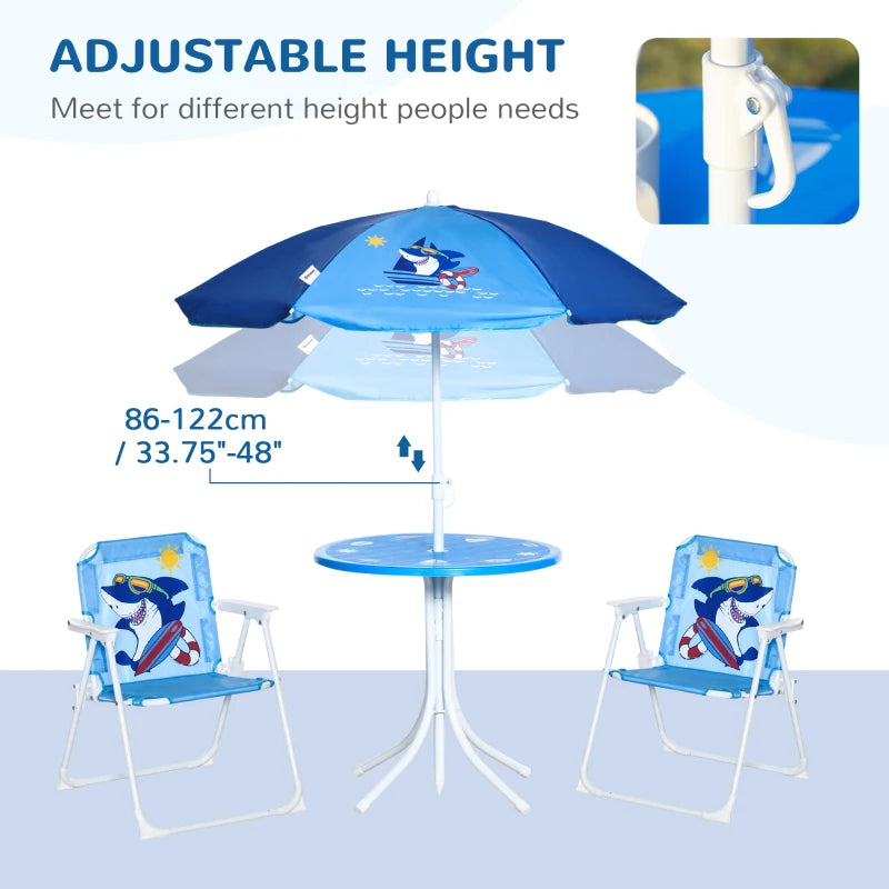 Outsunny Kids Table and Chair Set, Outdoor Folding Garden Furniture, for Patio Backyard, with Shark Pattern, Removable & Height Adjustable Sun Umbrella, Aged 3-6 Years Old, Blue