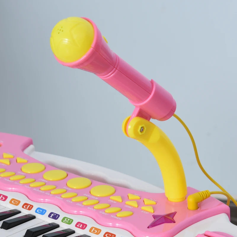Qaba Kids Toy Keyboard Piano Toddler Electronic Instrument with Stool, Microphone and Bright Flashlight for Children Birth Gift, Pink