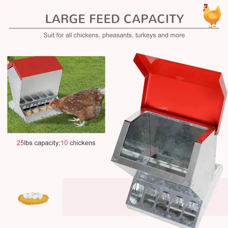PawHut Rat Proof Auto Large Chicken Feeder Against any Other Animals Galvanized Steel Poultry Feeders Size for 10 Chickens Holds up to 10 L of Feeds Silver/Red