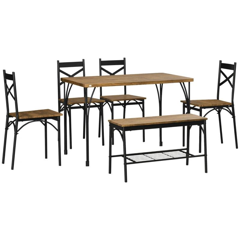 HOMCOM Industrial 3-Piece Dining Table Set, Rectangular Kitchen Table and Chairs for 4 People, Space-Saving Dinner Table with Two Benches, Rustic Brown