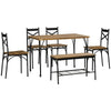 HOMCOM Industrial Dining Table Set for 6 People, 6 Piece Kitchen Table and Chairs Set, Dinner Table with Bench, Steel Frame and Storage Shelf, Dinette Set, Rustic Brown
