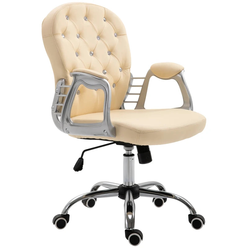 Vinsetto Vanity PU Leather Mid Back Office Chair Swivel Tufted Backrest Task Chair with Padded Armrests, Adjustable Height, Rolling Wheels, Beige